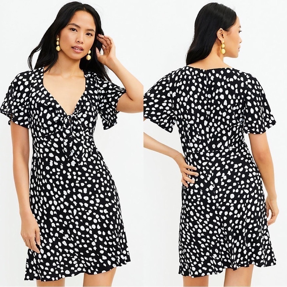 NWT LOFT Dotted Tie Front Flare Black White Dress Small